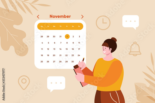 Appointment and booking applications. Girl checking the appointment. Vector illustration