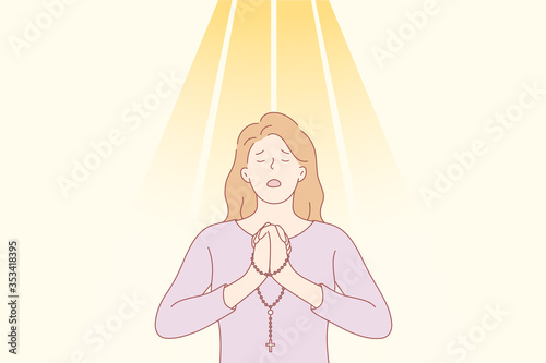 Praying, religion, christianity concept. Young desperate religious woman or girl christian cartoon character praying offering worship with beads. Asking for request faith and God blessing illustration