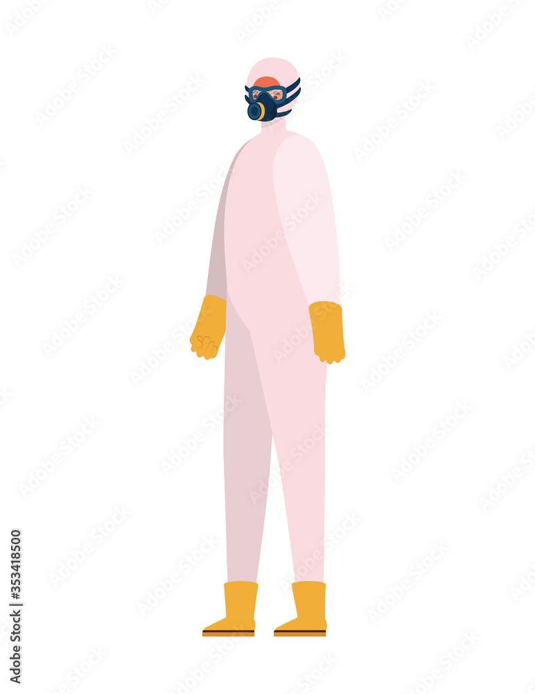 Man with protective suit mask glasses gloves and boots vector design