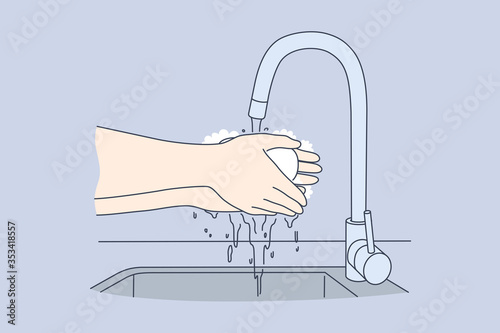 Hygiene, disinfection, cooking, coronavirus, protection concept. Woman or man washing hands with soap in sink at home on quarantine. Preventive measures from covid19 desease infection illustration.