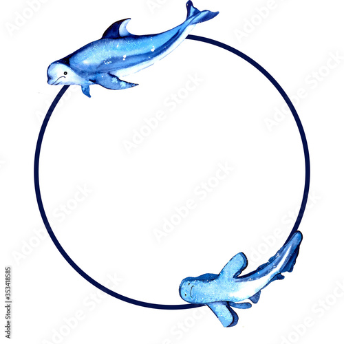 Blue shark, watercolor hand drawn illustration. Summer mood, sea, ocean. Sea and ocean creatures in blue tones.