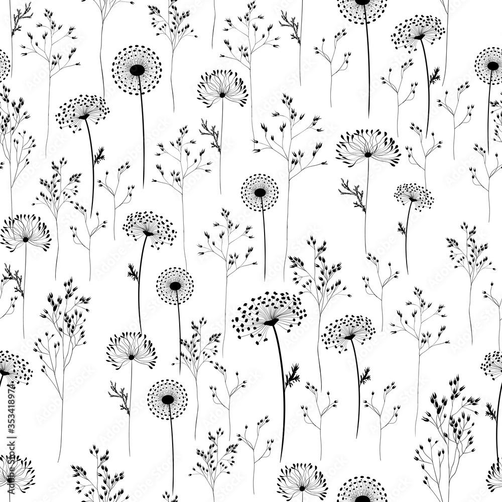 Fototapeta Vector background. Wildflowers and herbs. Silhouettes of plants. Seamless pattern. Use printed materials, signs, objects, sites, maps.
