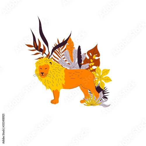 Lion Animal King Standing Among Leafy Foliage Vector Illustration