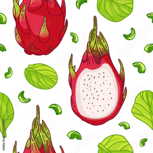 Seamless design fruit pattern. Wallpaper with organic food. Backdrop for textile design with dragon fruit, spinach and celery. Background with nature fresh fruit. Cover vegetarian nutrition. Vector