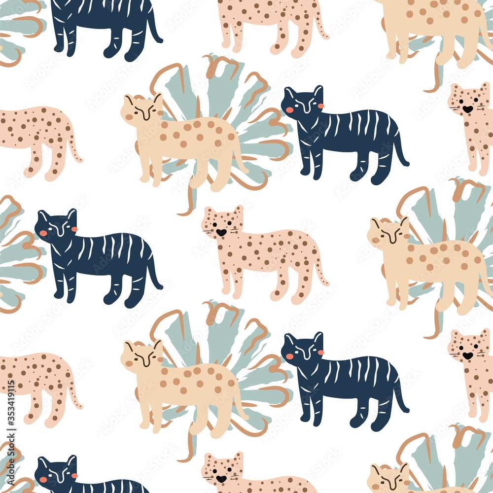 Obraz premium Seamless cute pattern with leopard and palm leafs. Modern wrapping paper summer design.
