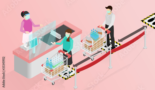 Isometric signs social distancing queues of people line at the payment counter, Cashier wear face shield and face mask, Installing Plexiglas guards or sneeze guards to combat COVID-19 at Checkout.
