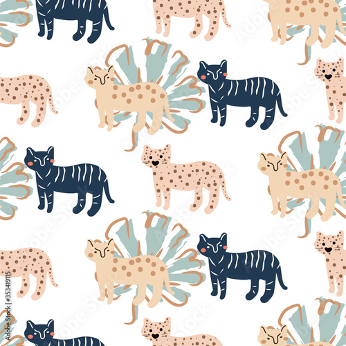 Seamless cute pattern with leopard and palm leafs. Modern wrapping paper summer design.