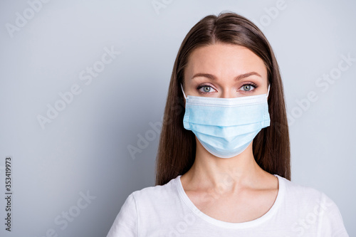 Close up photo of pretty lady keep social distance people contacting came hospital examination patient wear protect face medical mask white t-shirt isolated grey color background