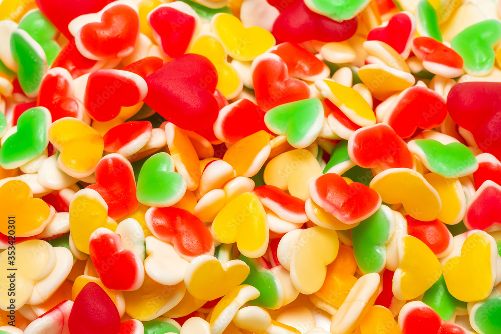 Juicy colorful jelly sweets. Gummy candies. Hearts. Juicy colorful jelly sweets. Gummy candies. Hearts.