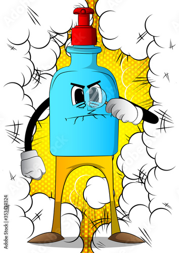 Cartoon Bottle of hand sanitizer gel with angry face holding a magnifying glass, Expressions vector.