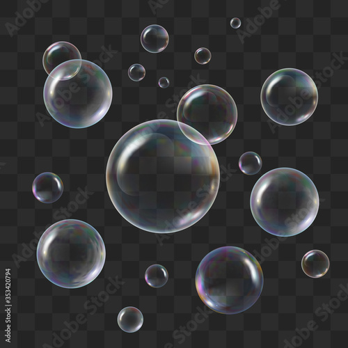 Soap transparent bubbles with rainbow reflection. Set water realistic soapy balls. Vector glossy bright abstract elements of stock illustration.