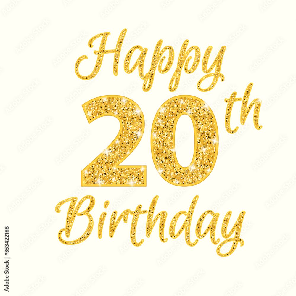 Fototapeta premium Happy birthday 20th glitter greeting card. Clipart image isolated on white background