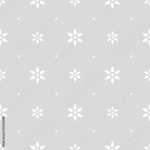Abstract geometric diagonal floral seamless pattern. White minimalistic vector flowers on grey background. Simple vector illustration. Polka dot floral design for printing on textile, fabric, paper