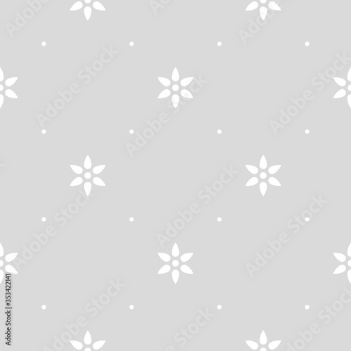 Abstract geometric diagonal floral seamless pattern. White minimalistic vector flowers on grey background. Simple vector illustration. Polka dot floral design for printing on textile, fabric, paper