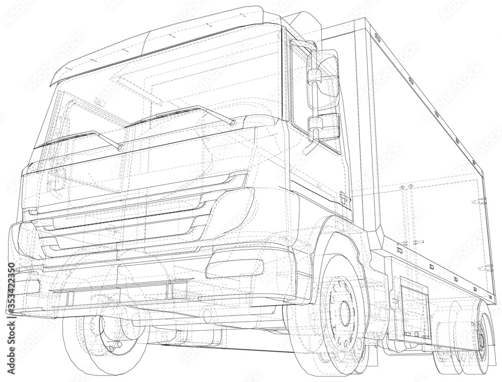 Commercial van freight. Vector illustration. Wire-frame line isolated. Vector rendering of 3d.