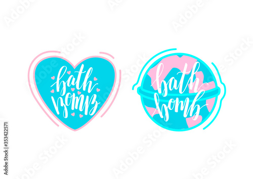 Round and heart-shaped bath bomb illustration with lettering text. Home spa relaxation cosmetics. Design elements for packaging, banners, poster. Calligraphic inscription.