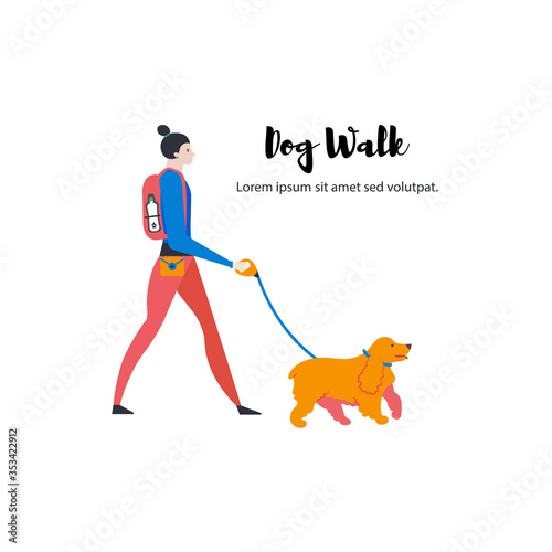 English cocker spaniel and personal dog-walker. Cute girl with pet outdoors.