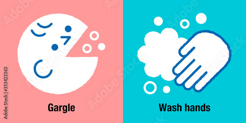 うがい 手洗い こども ベクター イラスト｜Gargle and Washing hands vector illustration. Hygiene icon