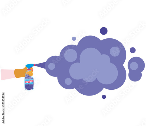 Hand holding clean spray bottle with smoke vector design