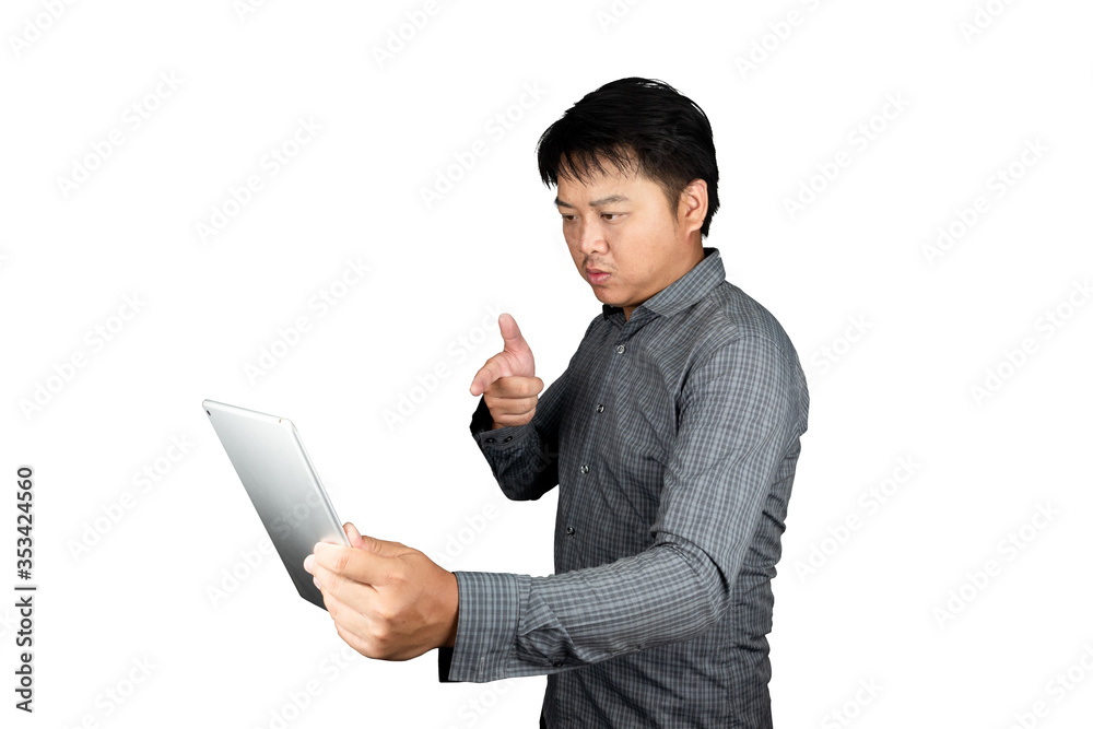 Portrait male handsome asia thailand office worker Wear striped shirt hand holding the tablet smiling, happy the success feeling isolated on a white background clipping path Portrait male handsome asia thailand office worker Wear striped shirt hand holding the tablet smiling, happy the success feeling isolated on a white background clipping path