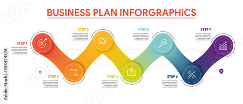 Business 7 Step Planning Infographic Illustration Concept. Colorful zigzag graph for web & print.	