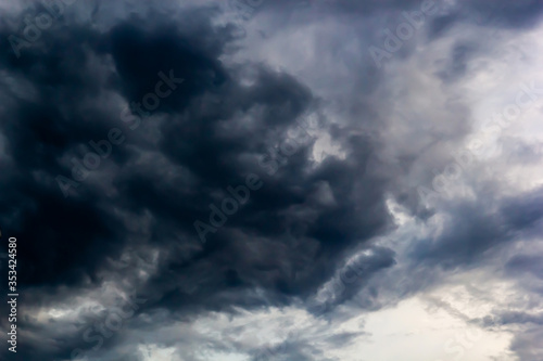 Dark clouds and blue dramatic sky with intense black cloud before raining, tropical cyclone in the rainy season
