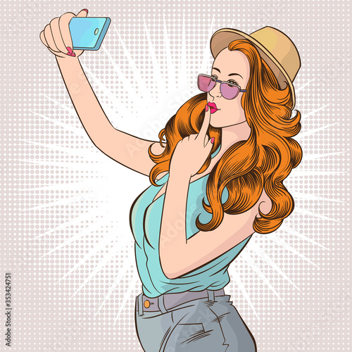 Beautiful young women taking selfie photo on smart phone in social networks media. Pop art vector illustration.images separated from the background