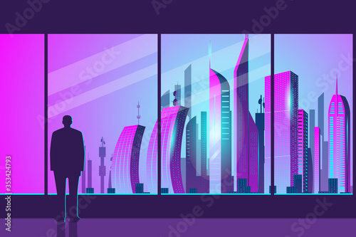 A man's silhouette stands at the glass in the office and admires the dawn in the city. City of the future skyscrapers at dawn. Vector horizontal illustration in neon colors.