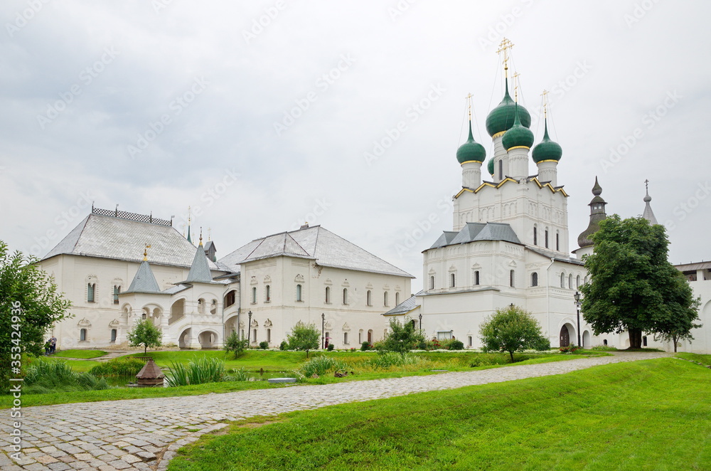 Rostov Veliky, Russia - July 24, 2019: View of the Church of St. John the theologian and the Red chamber in the Rostov Kremlin. Golden ring of Russia