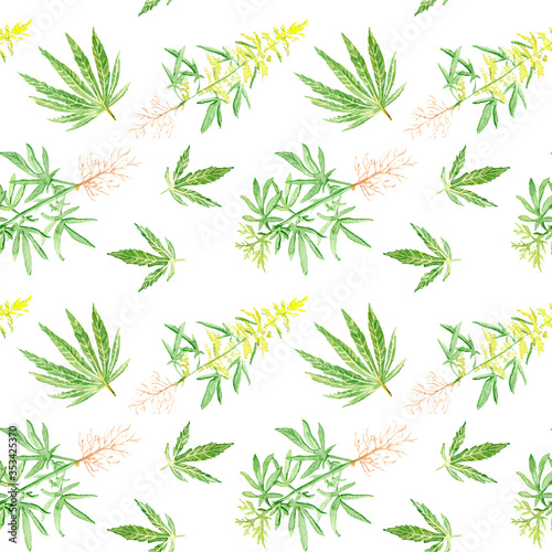 Cannabis leaf watercolor drawing - seamless pattern sketch