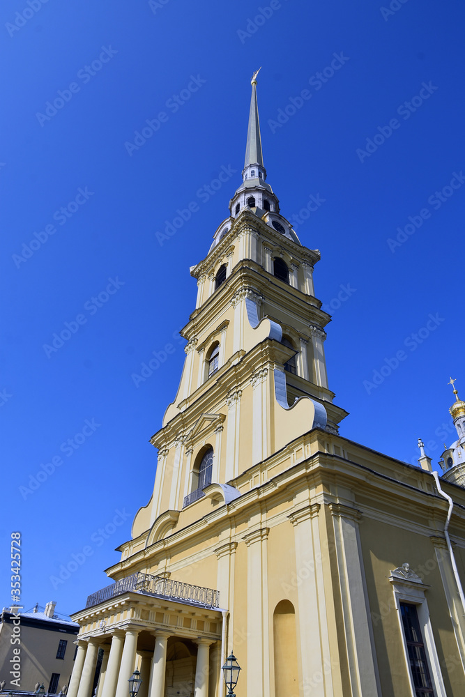 Peter and Pauls cathedral, Peter and Pauls fortress, Saint-Petersburg, Russia. Blue sky background
