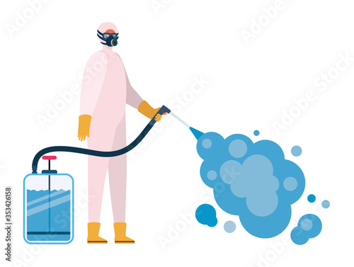 Man with protective suit holding pulverizer spray bottle with smoke vector design
