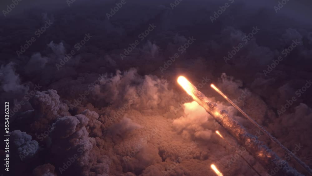 Meteors flying over the clouds