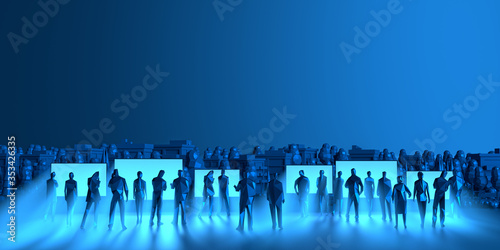 people watching a news channel program from tv screen in the park at the city town. crowd social situation panic talks together at night. blue background widescreen panorama at night. 3d illustrator