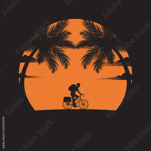 A man of riding bicycles on the beach of sunset background