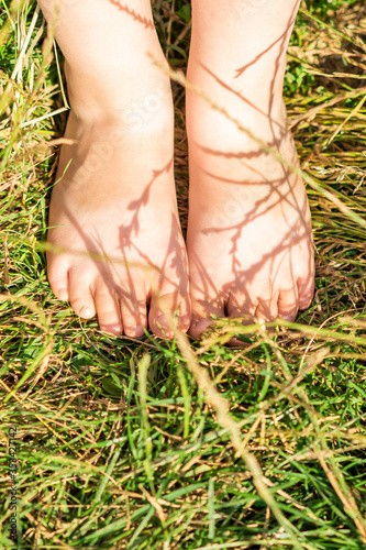 Vertical image of small barefoot legs of kid standing on the grass in a nature. Child in nature.