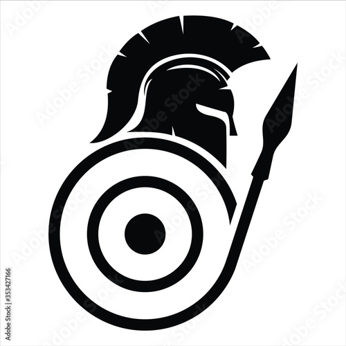 Creative Spartan with shield and spear logo designs template

