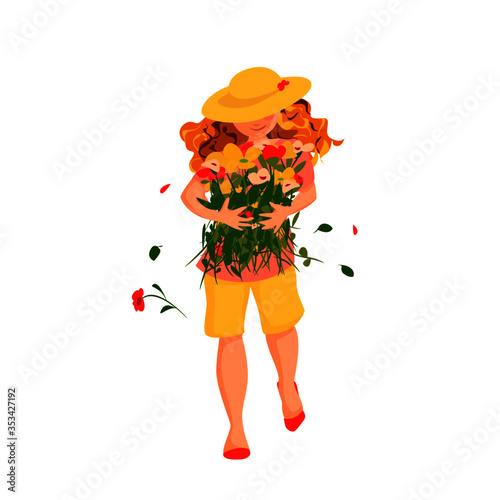 A young lady in a straw hat brings bunch of colorful flowers. She is bewitched by the summer variety of flowers and can't resist to sniff their delectable sweet scent.