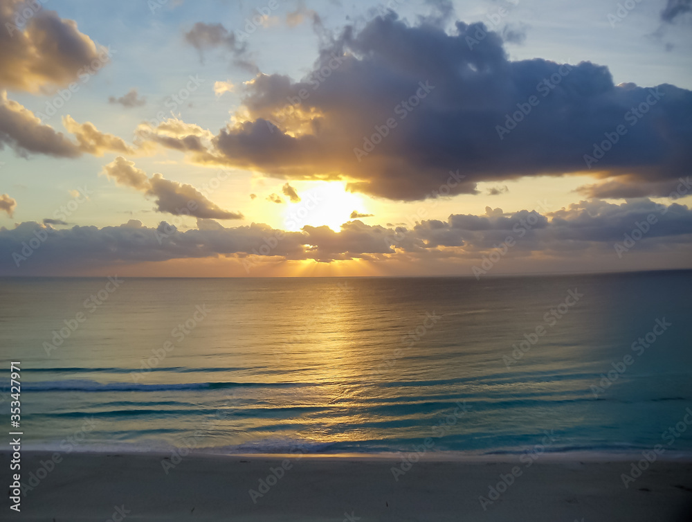 Sunrise on a deserted beach. Cancun, Mexico