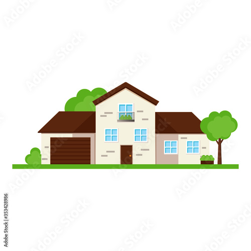 This is a facade of the house is with a garage.  Vector illustration.