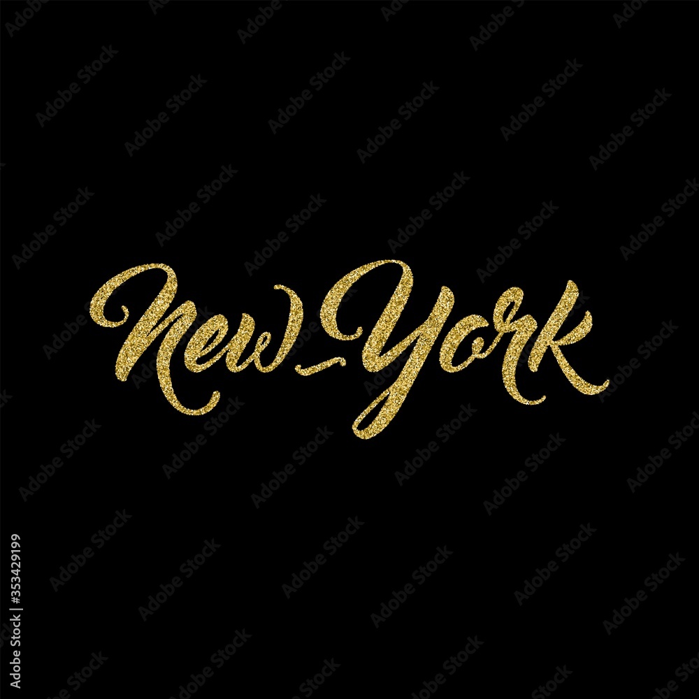 New-York city name calligraphy text with golden glitter particles on black background New-York city name calligraphy text with golden glitter particles on black background