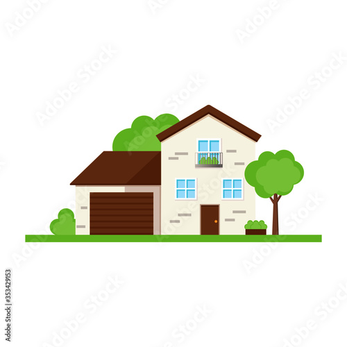 This is a facade of the house is with a garage.  Vector illustration.