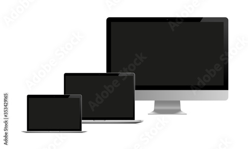 Set of modern devices: ultralight notebook, professional laptop and computer display with blank black screen.. Realistic mockup. Vector illustration.