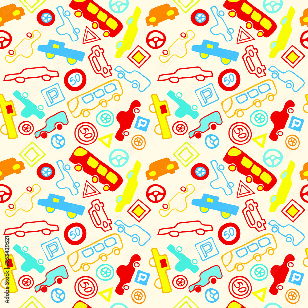 seamless pattern, children's drawings of colorful cars and road signs seamless pattern, children's drawings of colorful cars and road signs