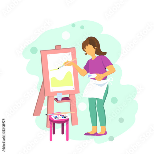 Girl is painting with brush on easel. Vector illustration in flat style