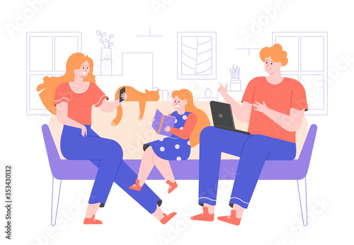 The family is sitting on the couch together. Mom in a social network with a phone, dad works on a laptop, daughter reads a book. Vector flat illustration.