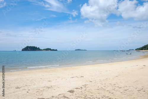 View of seascape is sand beach and view island and blue sky at thailand