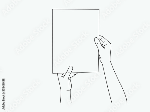 Two hands is holding a blank sheet of paper icon. Vector illustration of a mans hands holding blank paper. Hand drawn blank paper in hands.