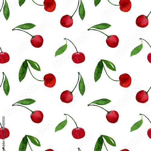 Cherry ripe red marsala watercolor seamless pattern. Endless print for textile, clothes, fashion fabric, linens, dress, cover, wallpaper. Hand painted art in modern trendy style.