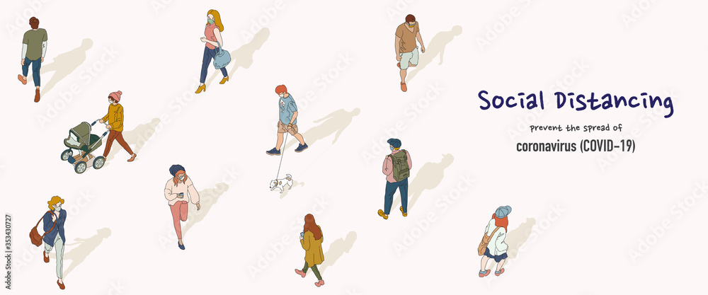 Vector banner of social distancing concept. People keep the distance from each other in public to protect from COVID-19. Hand-drawn style illustration.